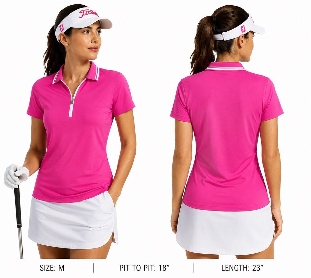 Bugatchi for Women Hot Pink Quaterzip Pink Polo Size M Golf Tennis Shirt Preppy